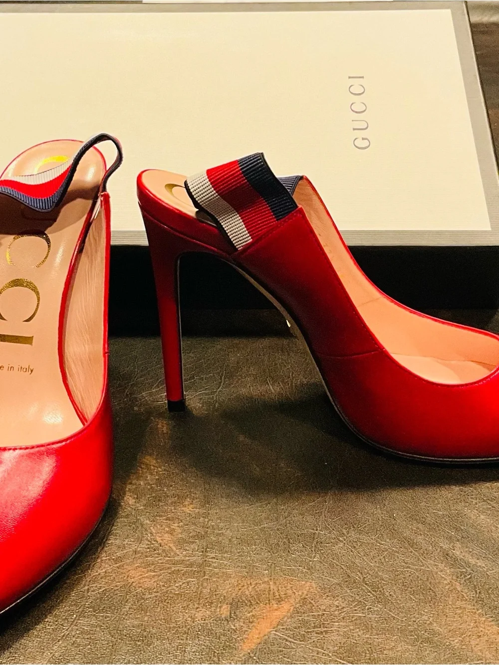 Gucci Red Leather Pointed Slingback Pumps with Striped Strap